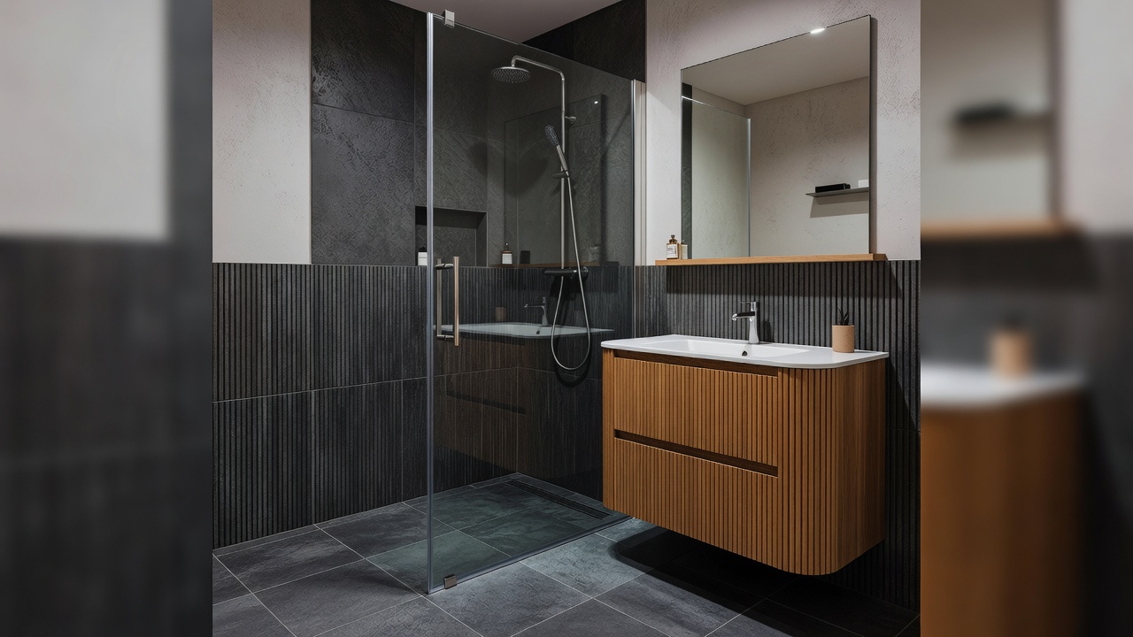 Fluted tile panels and natural wood vanity in a 2026 UK bathroom
